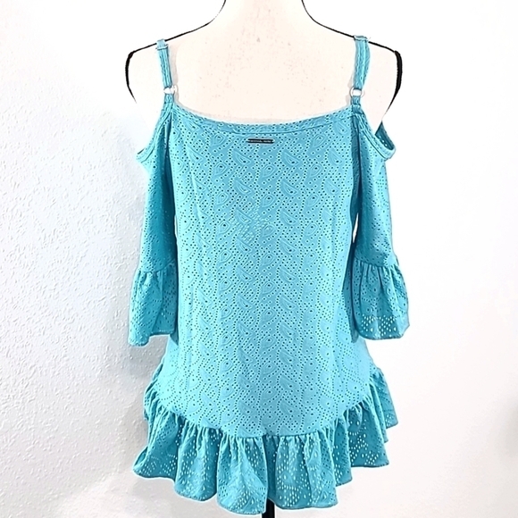 *NWT* MICHAEL MICHAEL KORS Turquoise/Light Blue Cold Shoulder Ruffle Top, size S - Picture 5 of 8